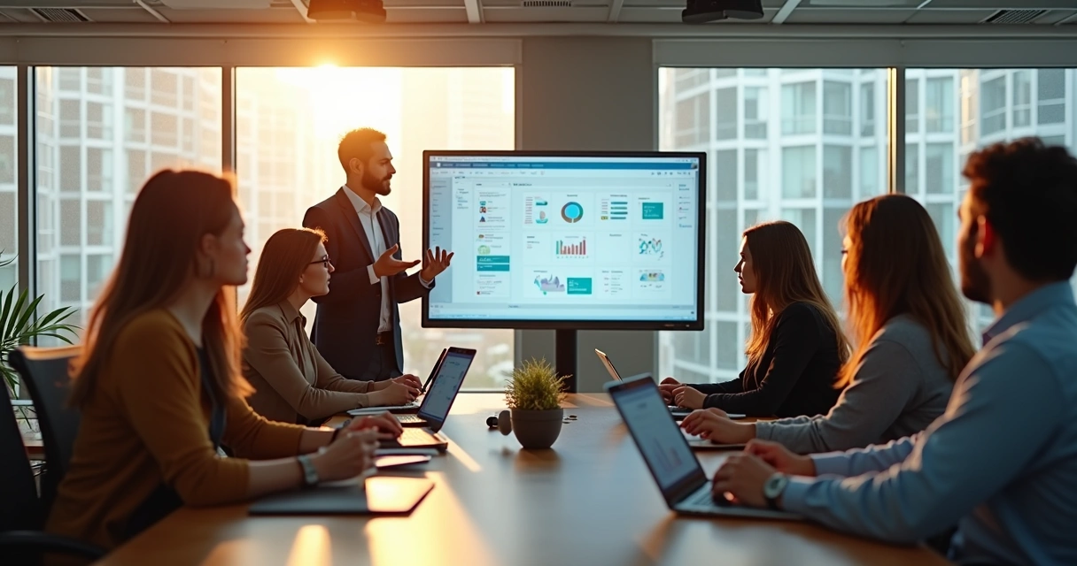 Equipe de trabalho em reunião de treinamento com laptops e tablets em sala moderna
