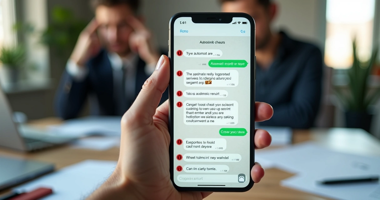 Tela de celular com mensagens automáticas erradas no WhatsApp, mostrando alertas de erro e confusão no atendimento