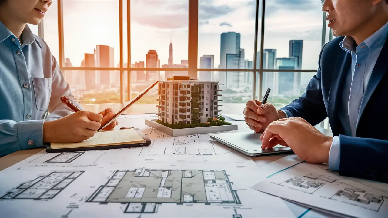 Duas pessoas em um escritório com maquete de condomínio e vista para o horizonte da cidade.