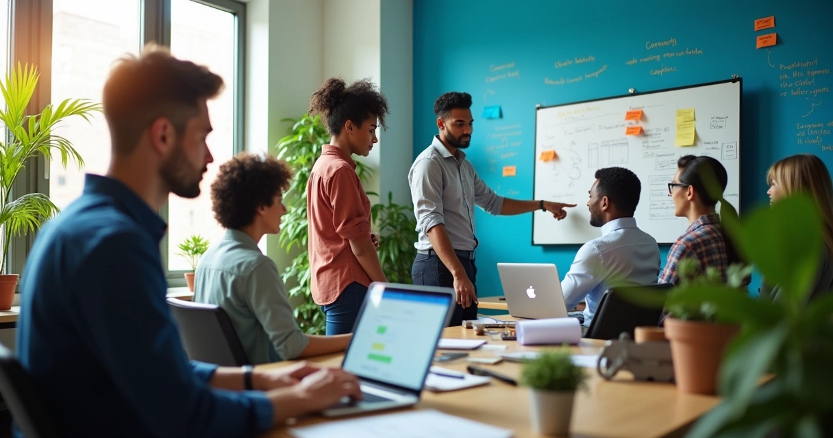 Escritório dinâmico de gerenciamento de condomínio com funcionários gerenciando tickets de atendimento.