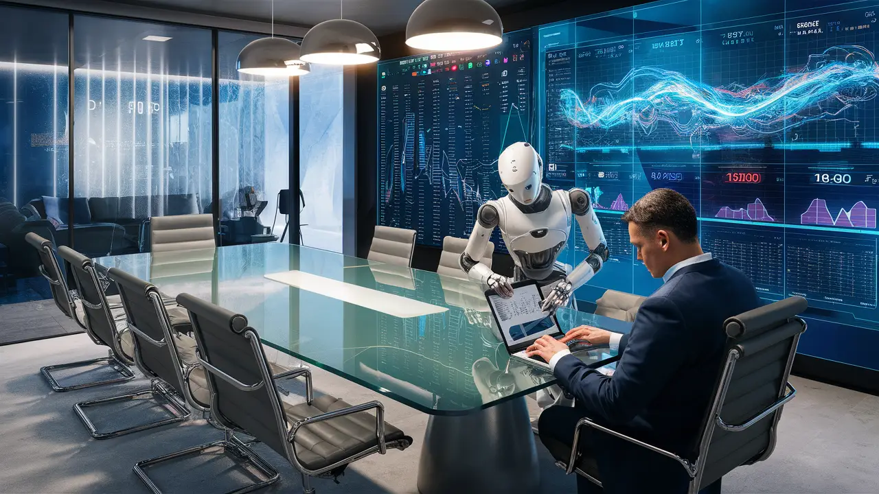 Robô humanoide e profissional em mesa de vidro analisando dados em tela digital em escritório moderno.