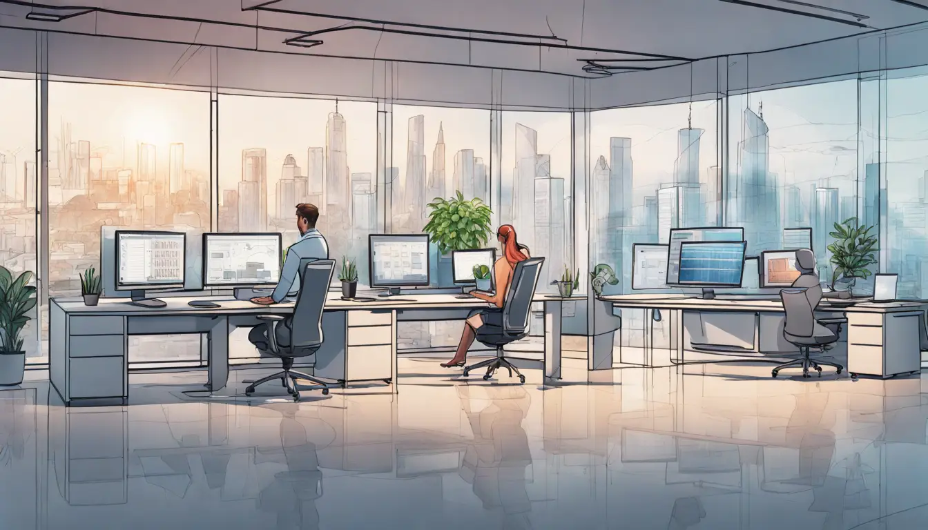 Ambiente de escritório moderno com estação de trabalho central, computadores mostrando dashboards e tela montada na parede exibindo sistema de gestão condominial.