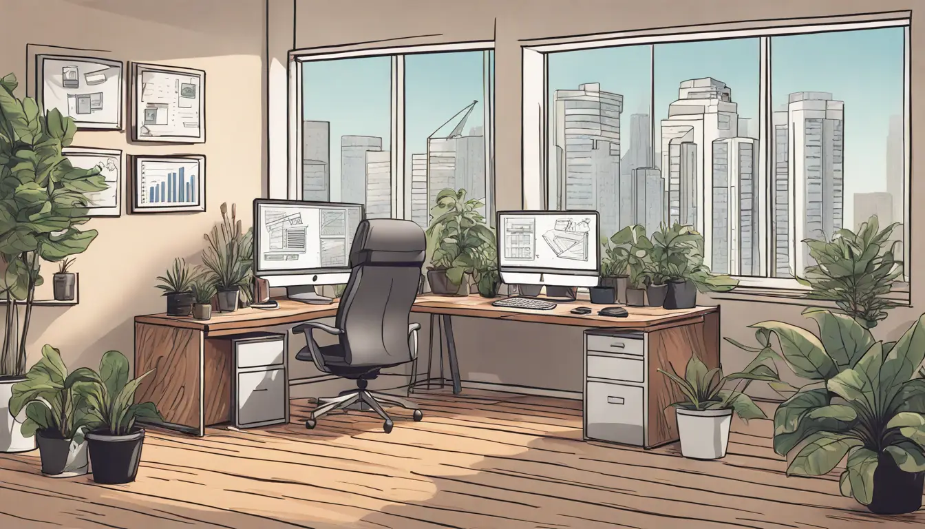 Espaço de escritório moderno com dois monitores grandes exibindo software de gestão de condomínios, cercado por plantas e materiais de escritório.
