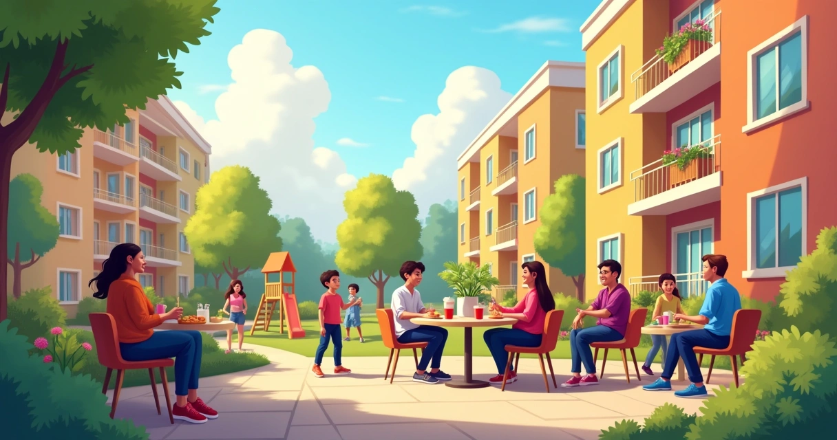 Espaço comunitário em um complexo residencial, com moradores interagindo e natureza ao fundo.