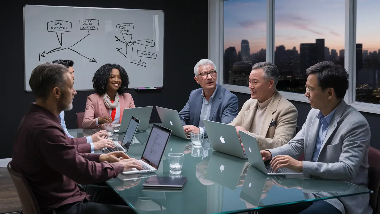 Pessoas de diversas idades discutindo estratégias de comunicação em sala de reunião moderna com laptops e quadro branco.