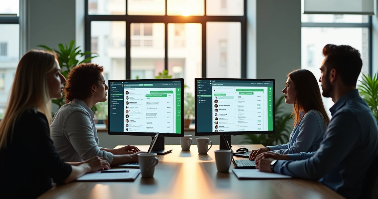 Mesa de trabalho com dois monitores mostrando filas de atendimento e mensagens no WhatsApp, com equipe analisando dados e discutindo falha na triagem