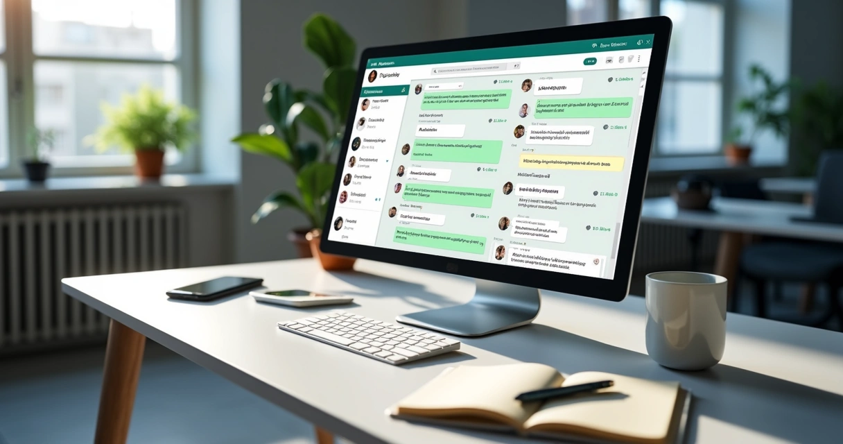 Tela de computador mostrando interface de gestão de filas inteligentes para administradora pequena, com chat via WhatsApp e organização de atendimentos em filas