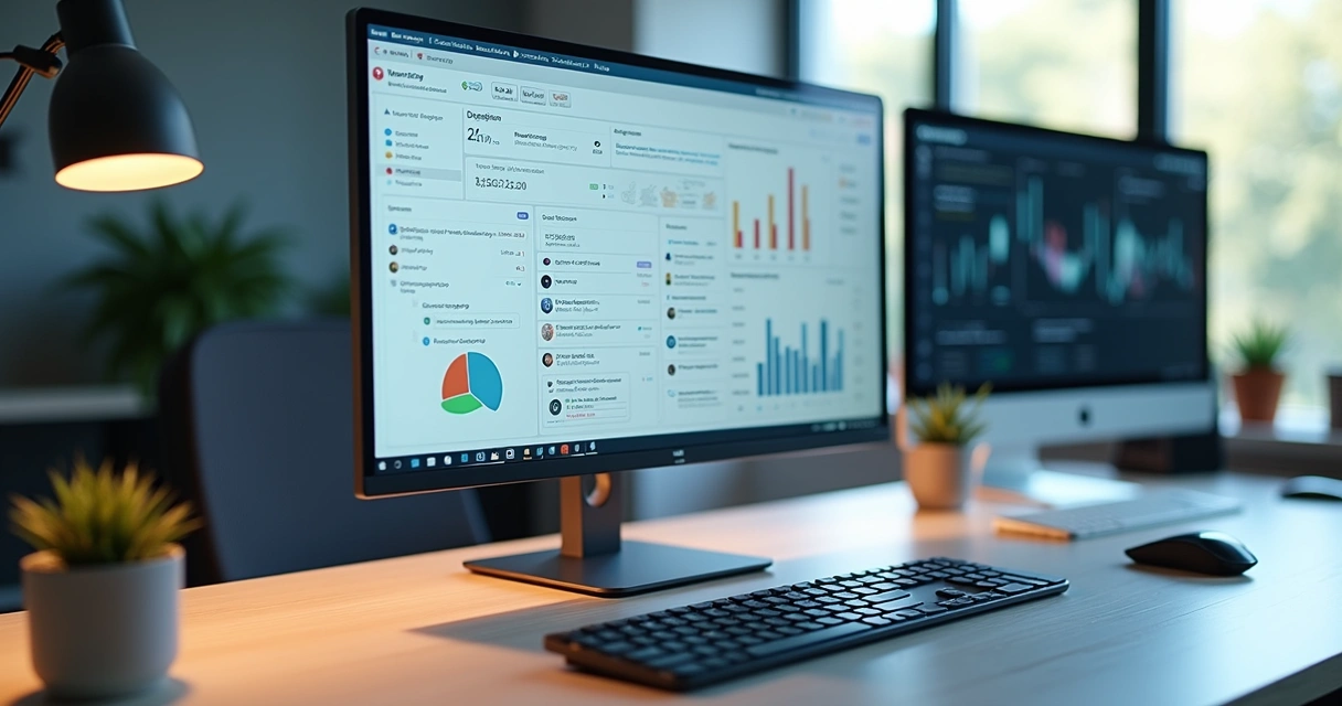 Tela de computador mostrando interface de fluxo de atendimento com inteligência artificial, gráficos e chat automatizado