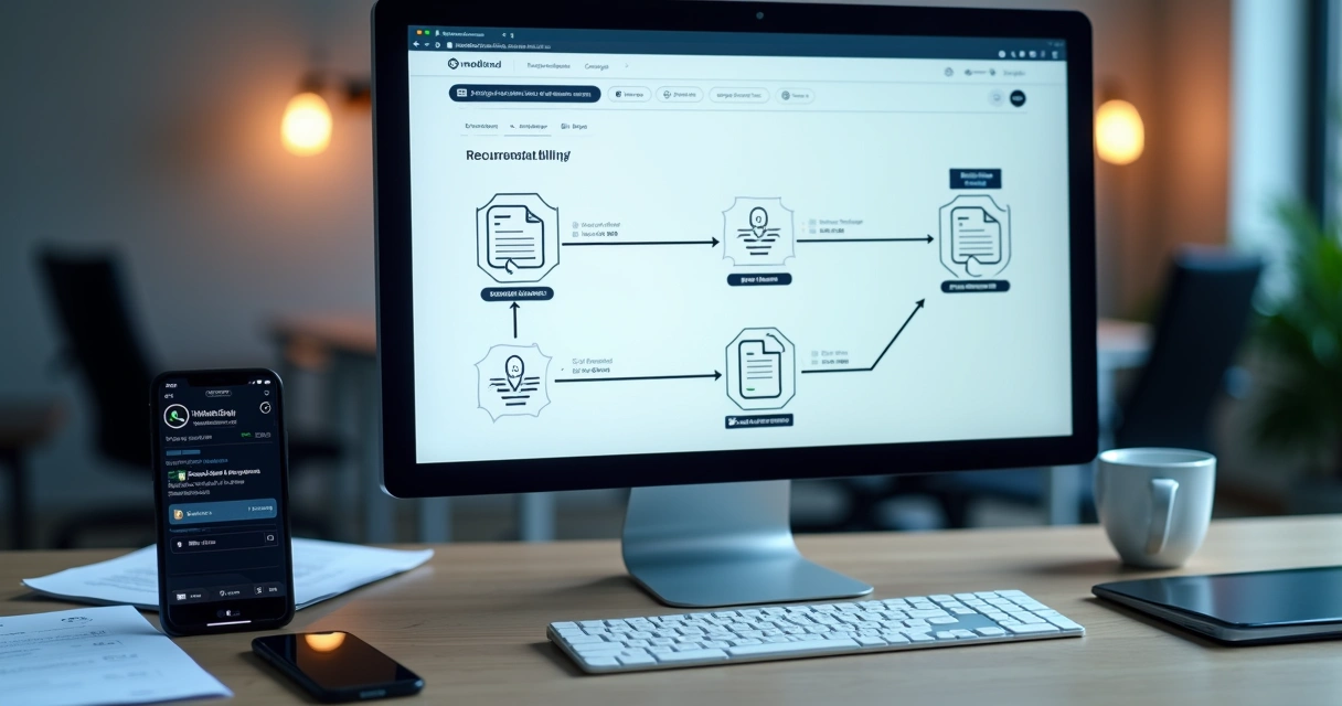 Fluxo automático de cobranças recorrentes exibido em tela de computador com gráficos e notificações