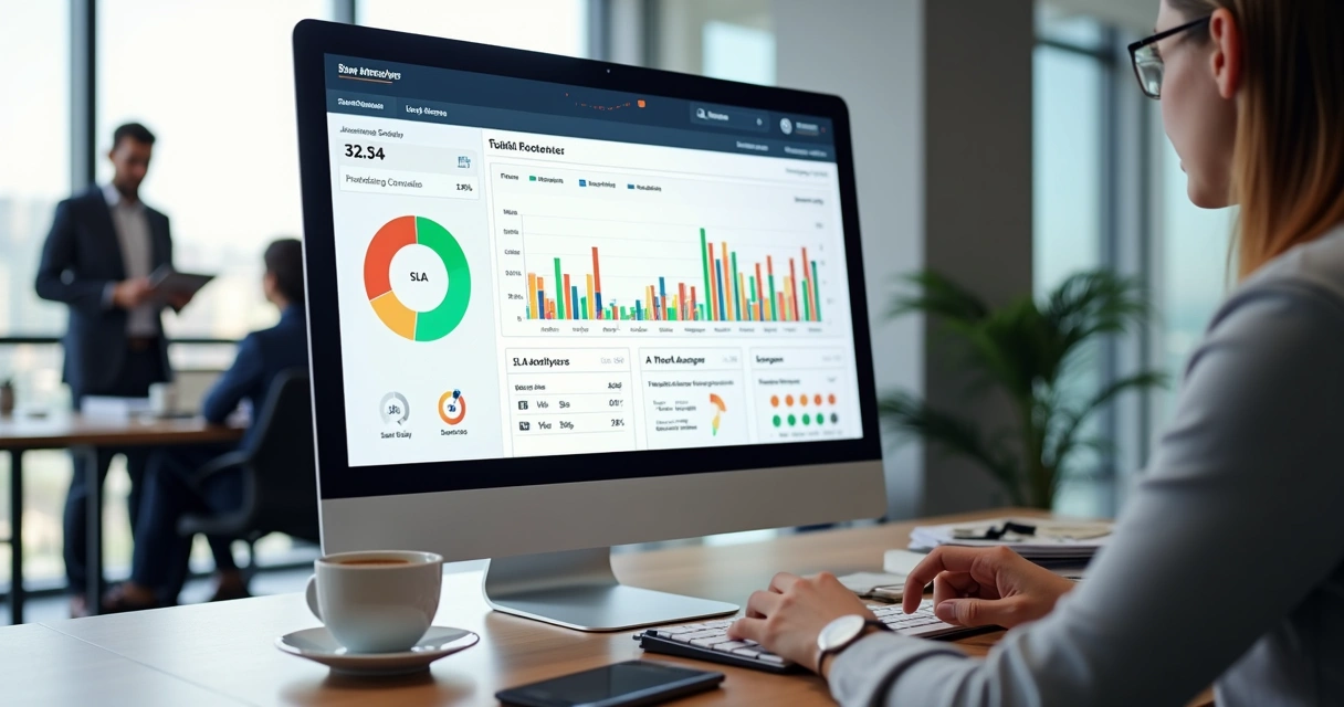 Tela de computador com dashboard mostrando diferentes SLAs de atendimento em condomínio com gráficos coloridos e organização por filas