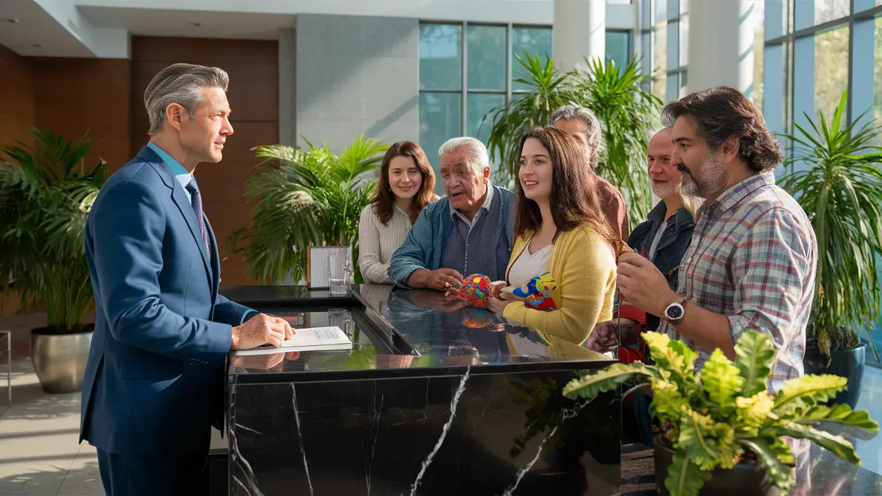 Gerente de prédio em uma recepção de mármore negra conversando com moradores em um saguão de prédio moderno.