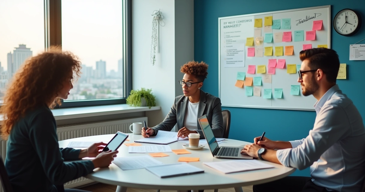 Grupo diverso de gerentes de condomínio colaborando em um escritório, com janelas grandes e ambiente produtivo.