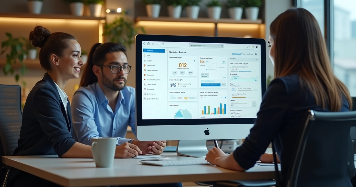 Computador com tela exibindo painel de atendimento digital e equipe trabalhando em escritório moderno