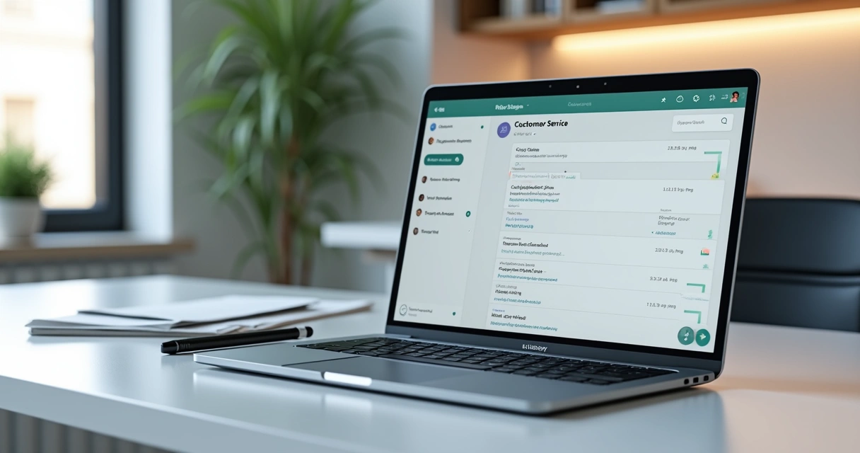 Mesa com computador exibindo histórico de atendimento digital e anotações organizadas em papel