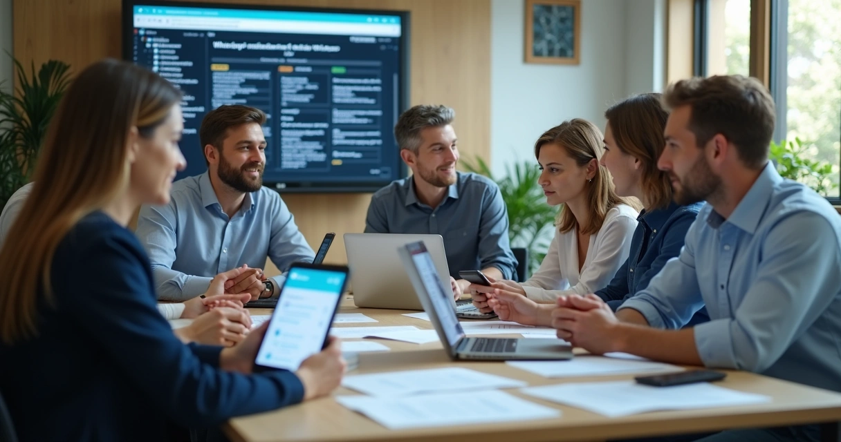 Equipe de atendimento em escritório moderno trocando informações durante plantão com computador e anotações organizadas