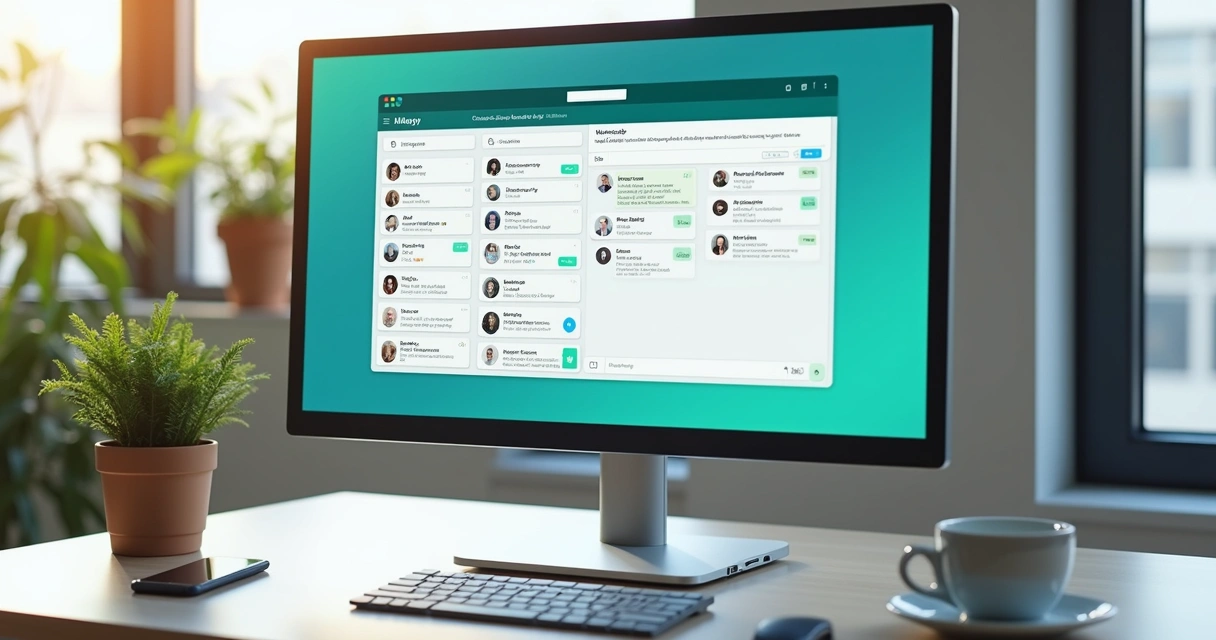 Computador com tela mostrando chat do WhatsApp organizando atendimentos em fila com indicadores de SLA e produtividade