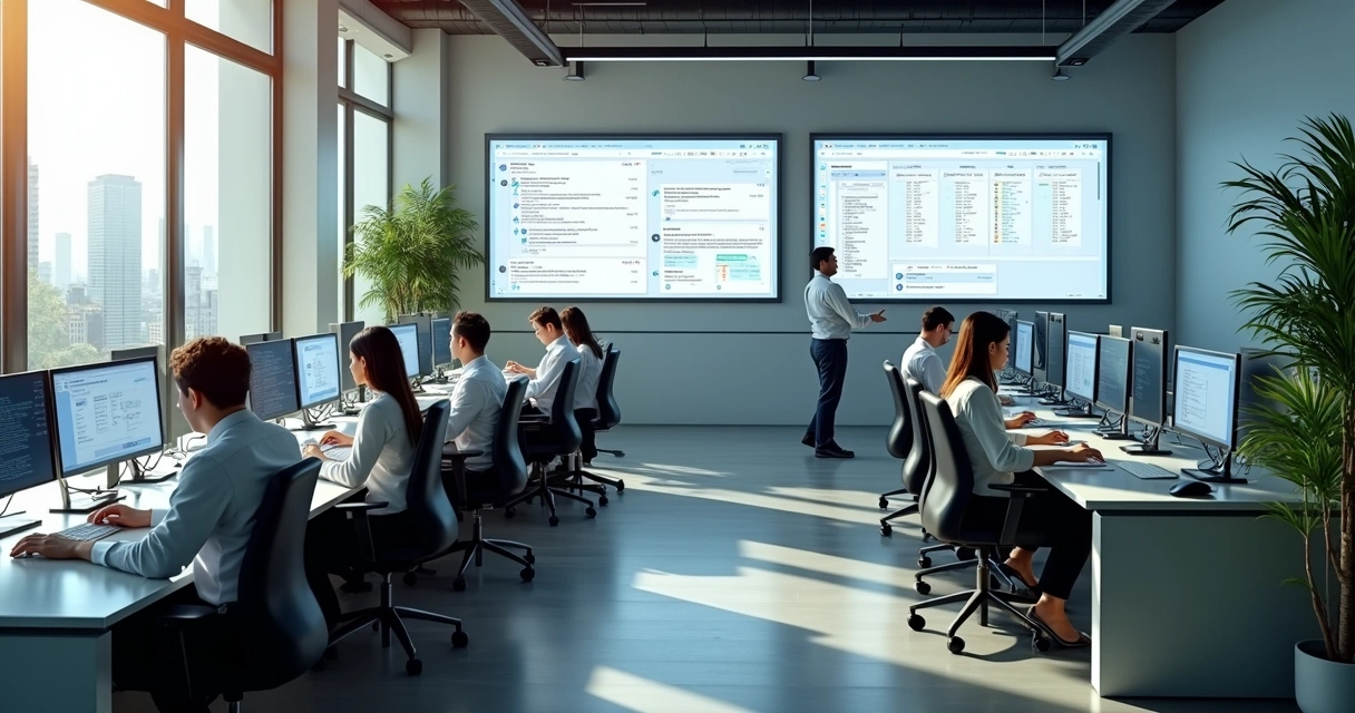 Central de atendimento de imobiliária com equipe organizada em ambiente moderno e digital