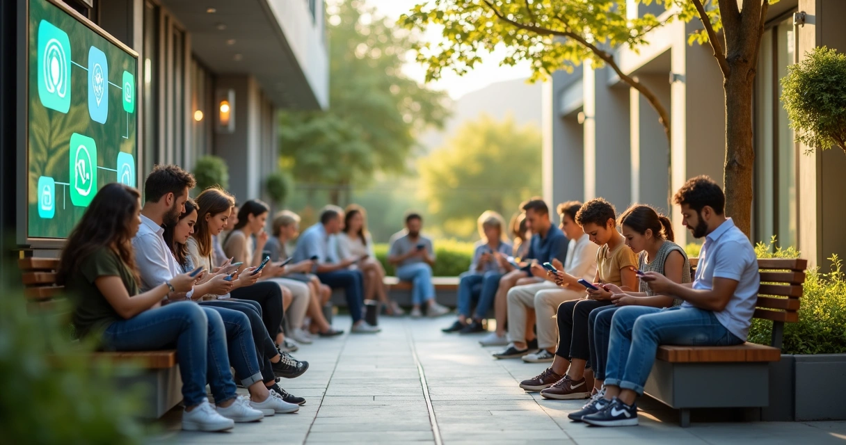 Moradores reunidos em uma área comum do condomínio, utilizando celulares para comunicação digital
