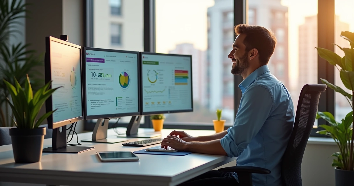 Profissional gerenciando condomínio em um escritório moderno com tecnologia, gráficos e vista da cidade.