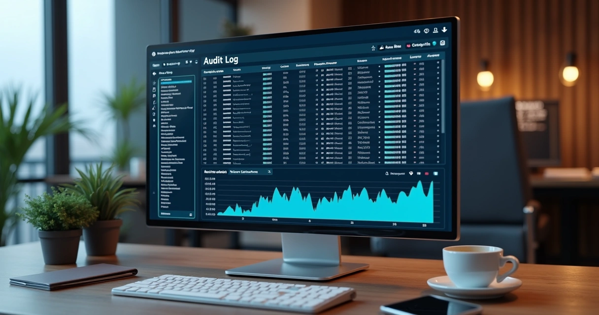 Computador exibindo logs de auditoria em tela com gráficos e registros detalhados para gestão de condomínios