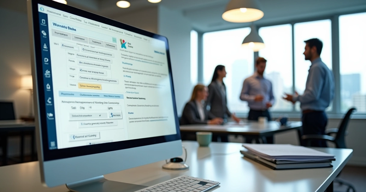 Computador com tela mostrando base de conhecimento para condomínios, sala de reunião moderna ao fundo com equipe discutindo processos administrativos