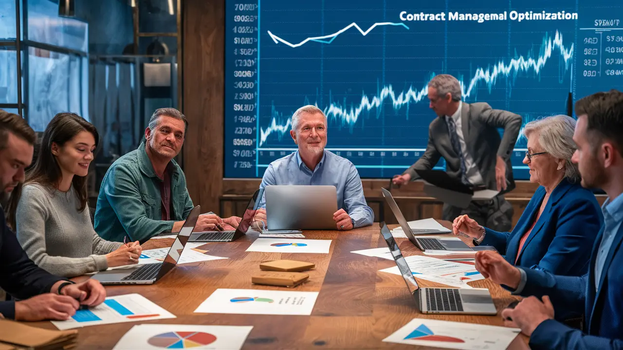 Pessoas trabalhando em gestão de contratos e otimização financeira em um escritório moderno.