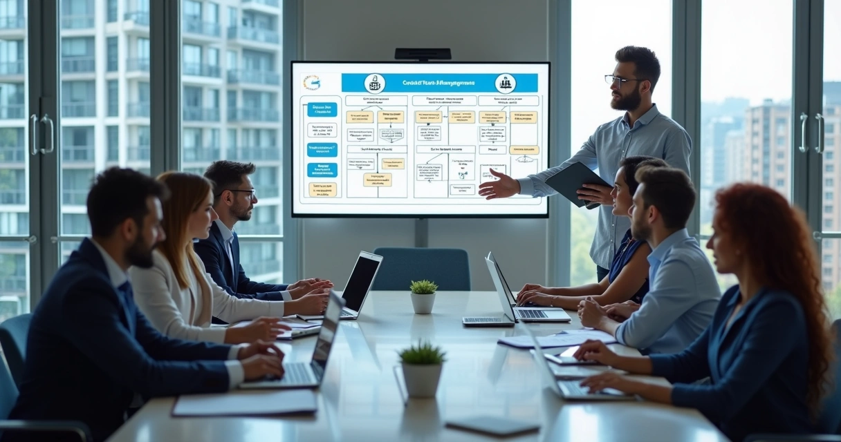 Equipe de administração de condomínio reunida em sala moderna discutindo protocolos de gestão de crises