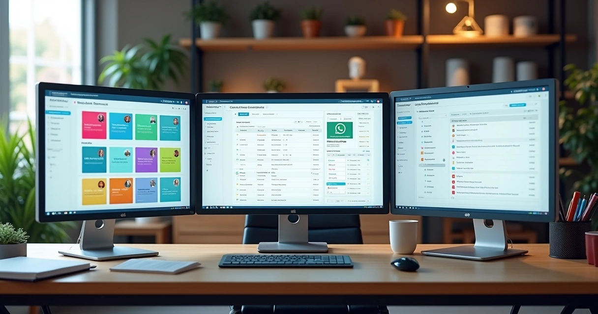 Computadores com telas mostrando plataformas Trello, ConexCondo e Asana para gestão de demandas