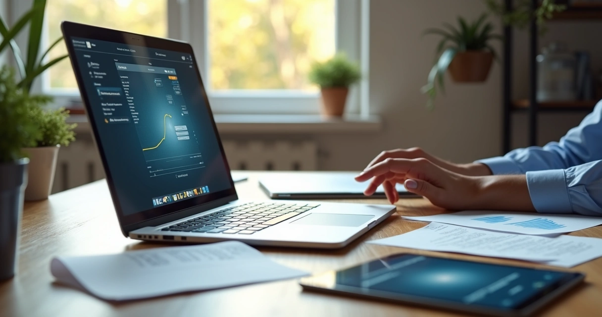 Mesa com laptop, tablet, documentos digitais organizados e uma mão mexendo em arquivos digitais na tela