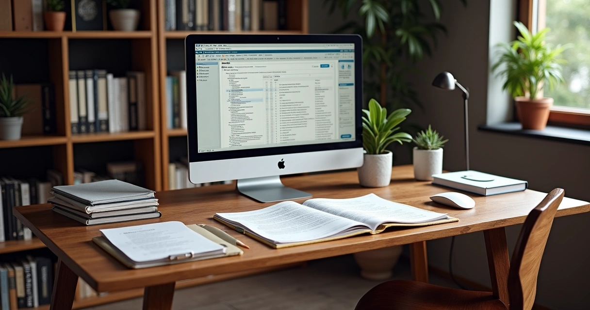 Mesa de escritório com documentos físicos organizados em pilhas e arquivos digitais em tela de computador moderno ao fundo