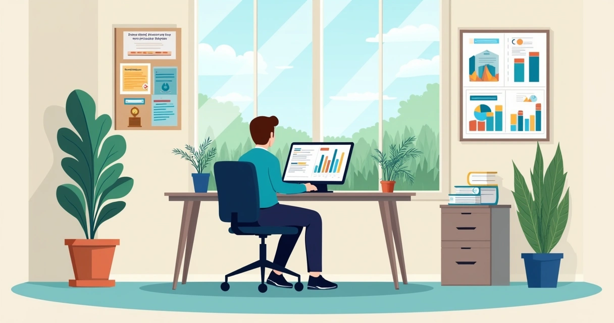 Gestão moderna de condomínios com gerente em escritório iluminado, gráficos motivacionais e vista para o jardim.
