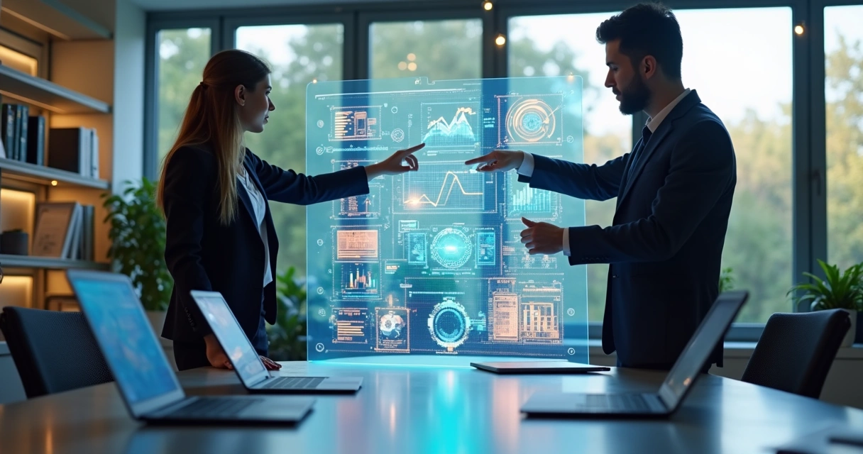 Mesa moderna com dois profissionais discutindo gráficos digitais e processos automatizados em tela transparente holográfica