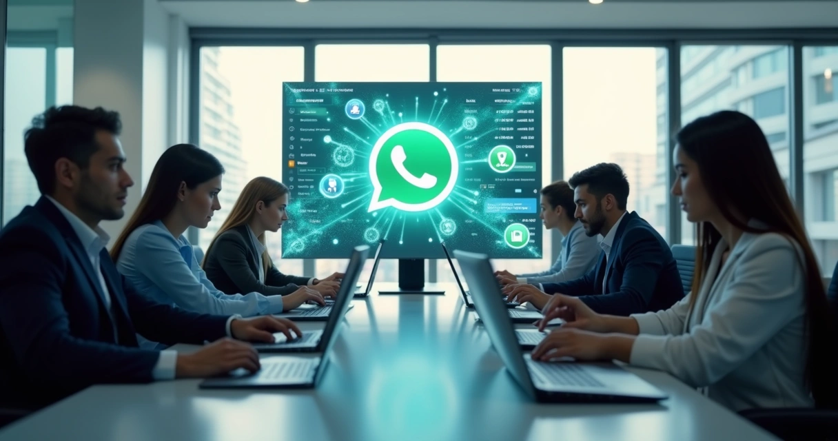 Computador com tela mostrando plataforma de atendimento via WhatsApp, profissionais em ambiente moderno e organizado usando dispositivos digitais para comunicação segura