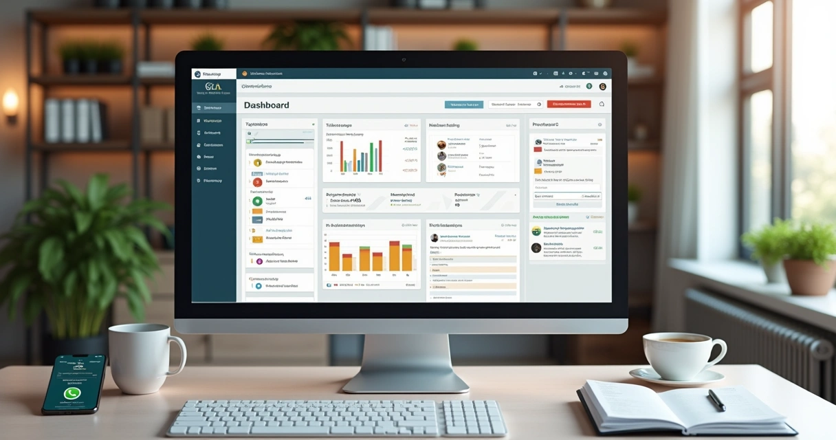 Tela de computador exibindo painel de gestão de SLA com gráficos e filas de atendimento para condomínios