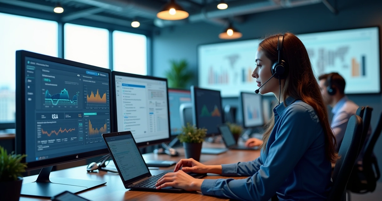 Central de atendimento de imobiliária com equipe trabalhando em computadores e telas mostrando indicadores de SLA