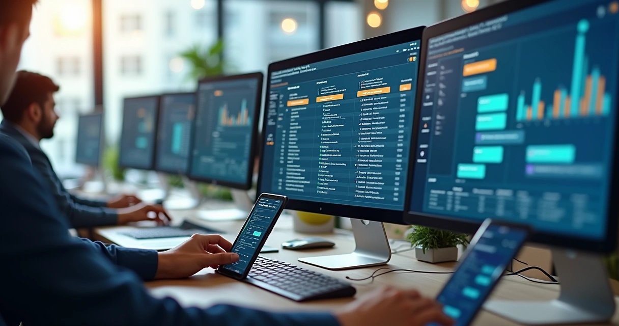 Equipe administrativa usando computador para monitorar solicitações em condomínio com gráficos e mensagens organizadas