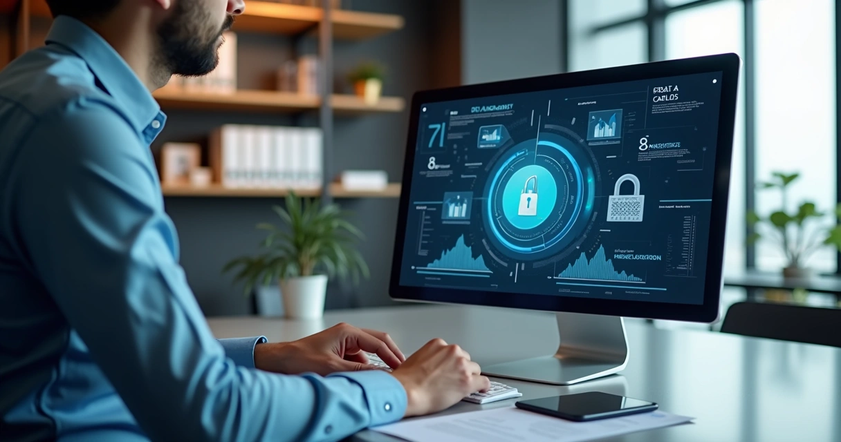 Gestor condominial trabalhando em escritório moderno com gráficos de segurança digital na tela do computador