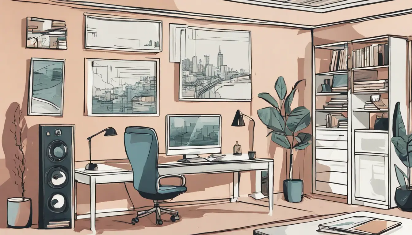 Gestor condominial em frente a uma tela de computador com gráficos de satisfação de moradores, janela ao fundo com vista para prédios residenciais.