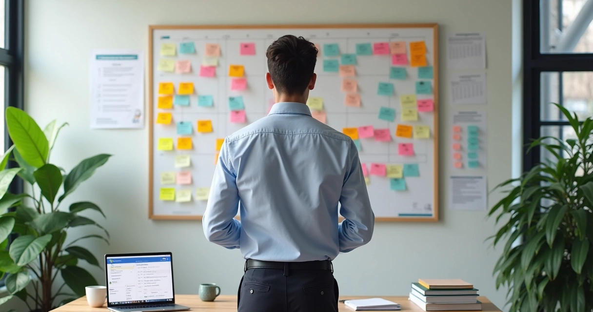 Pessoa organizando tarefas em um quadro branco com post-its coloridos e gráficos