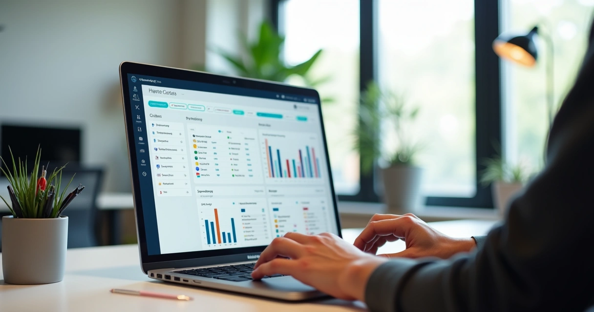 Pessoa usando computador com tela mostrando sistema de controle de pendências e gráficos de produtividade organizados