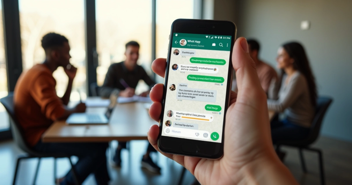 Celular mostrando chat de grupo no WhatsApp com várias mensagens de moradores, fundo de sala de reunião moderna e pessoas discutindo organização