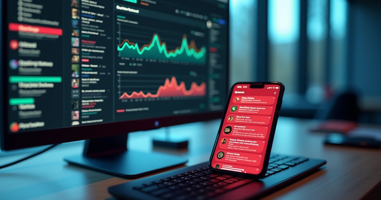Interface de WhatsApp com mensagens destacadas em vermelho indicando urgências, ao lado tela com gráficos e alertas de inteligência artificial