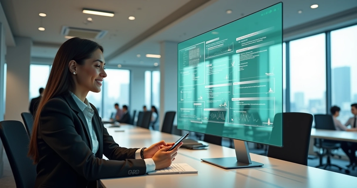 Corretor atendendo clientes via WhatsApp em escritório moderno com tela digital mostrando filas e mensagens organizadas