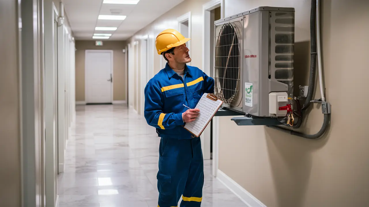 Trabalhador de manutenção inspecionando uma unidade de ar condicionado em um corredor de condomínio.