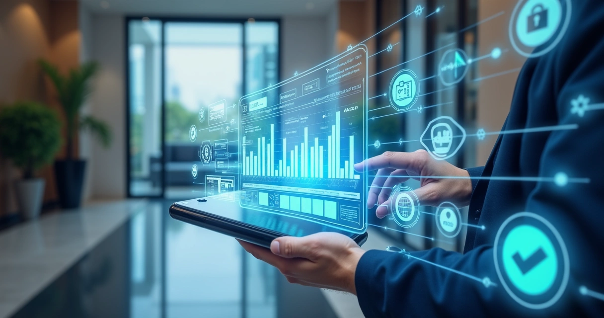 Tela digital mostrando integração de pagamentos online em plataforma condominial com gráficos e ícones de smartphone e carteira digital