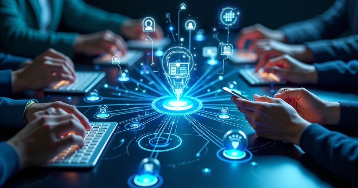 Interface digital mostrando múltiplas plataformas conectadas com ícones de mensagens, gráficos e atendimento ao cliente