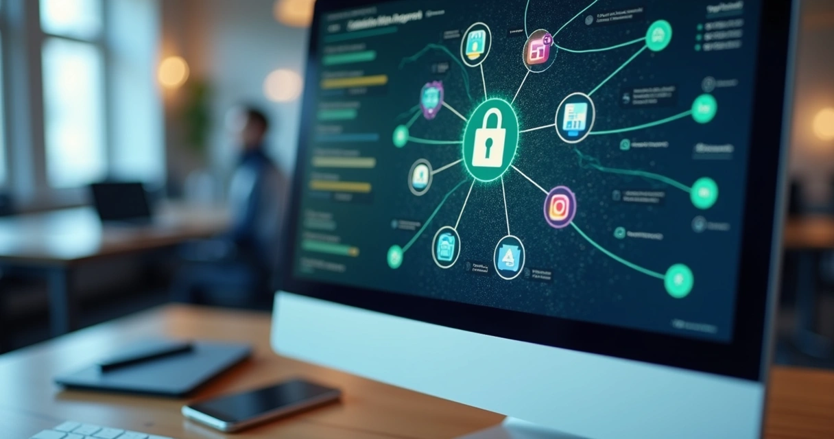 Tela de computador exibindo dashboard de integração de webhooks com gráficos e fluxos conectando aplicativos de gestão condominial