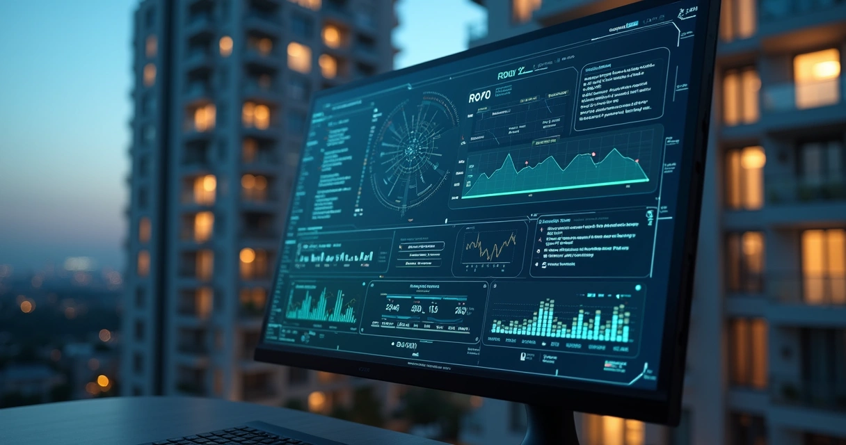 Computador com interface de inteligência artificial monitorando dados e gráficos de um condomínio moderno