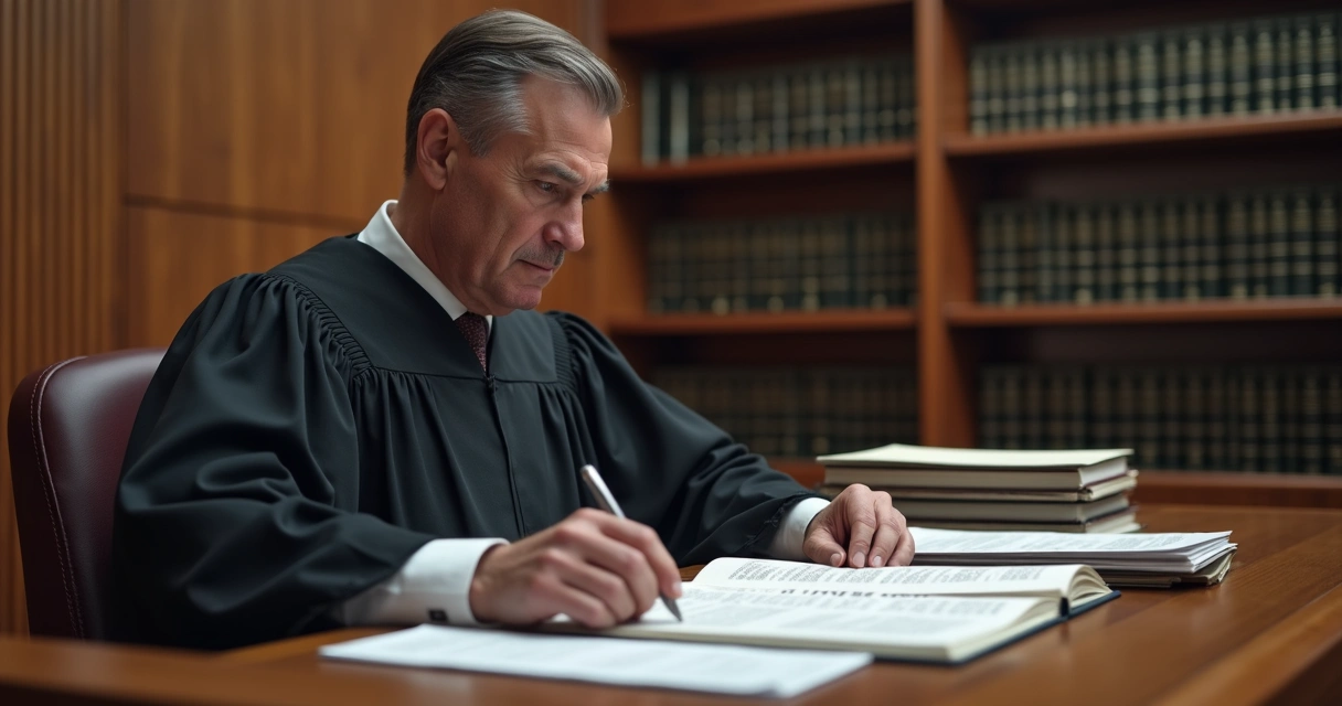 Juiz analisando documentos de processo em ambiente de tribunal moderno e iluminação clara