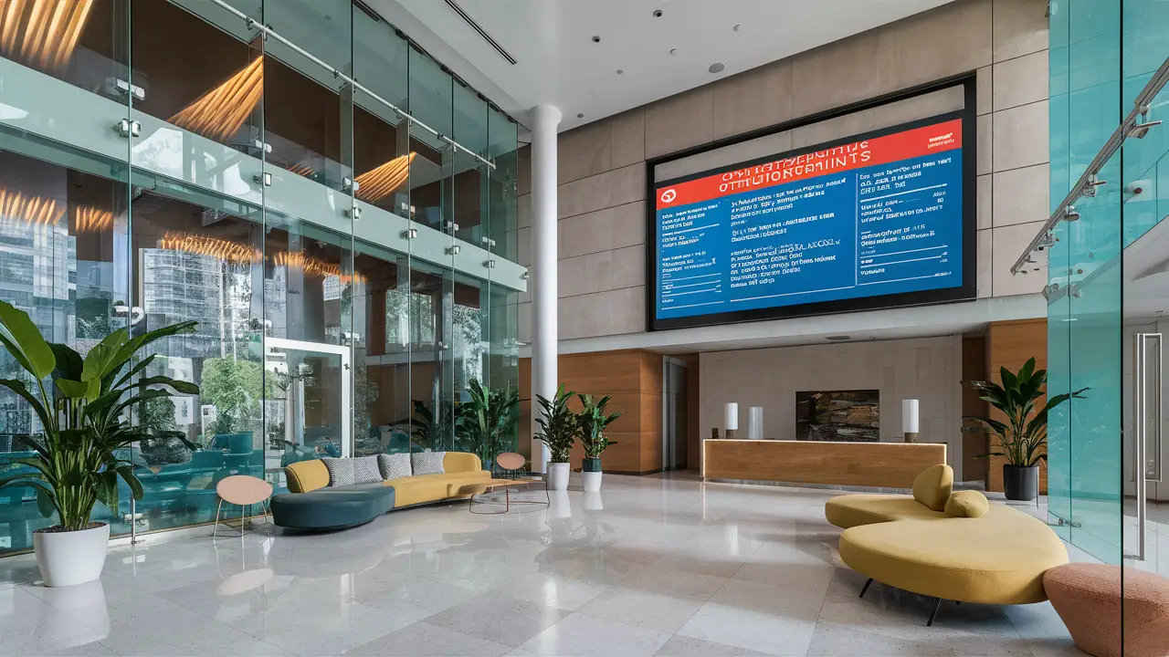 Quadro de avisos digital em um lobby de condomínio moderno com móveis contemporâneos e plantas decorativas.